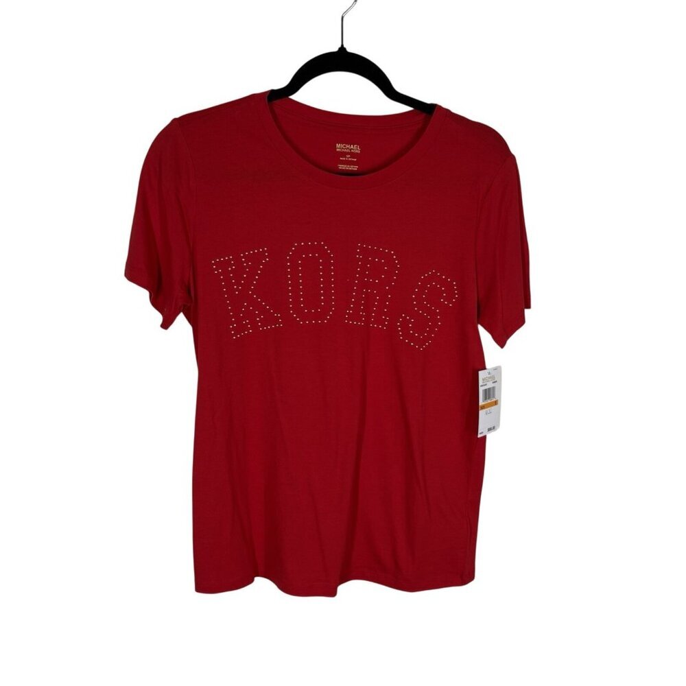 Michael Michael Kors Women SZ S Crimson Red Gold Studded Kors S/S Tee Shirt NWT